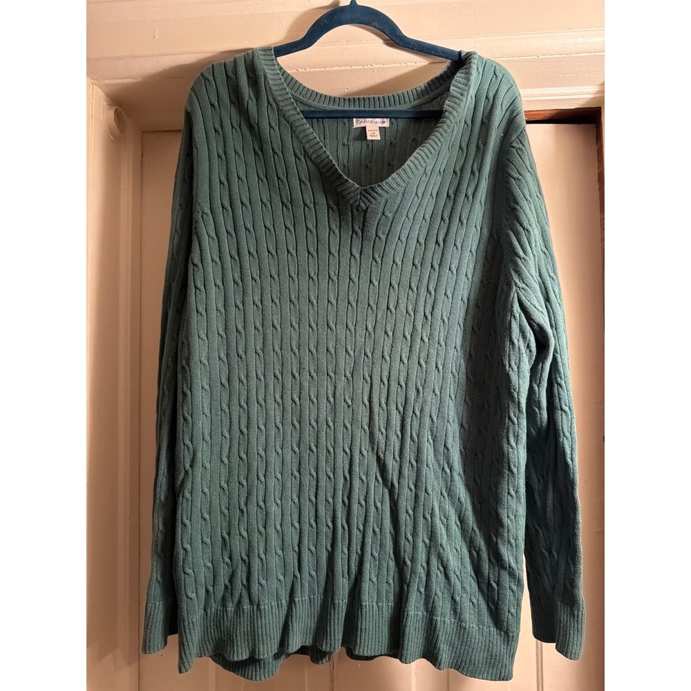 Croft & Barrow Teal Green Cable V-Neck Sweater Womens Plus Size 2X Long Sleeve